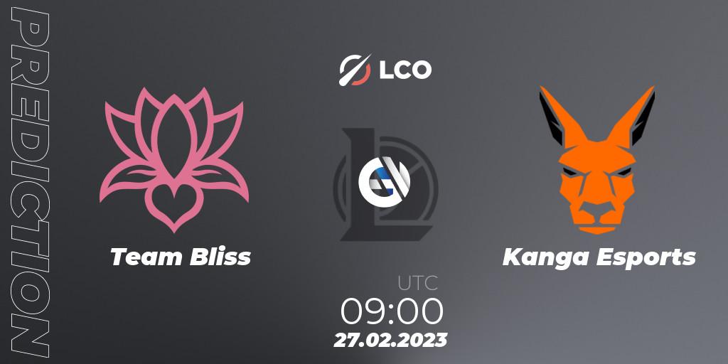 Team Bliss contre Kanga Esports : prédiction de match. 27.02.2023 at 09:00. LoL, LCO Split 1 2023 - Group Stage