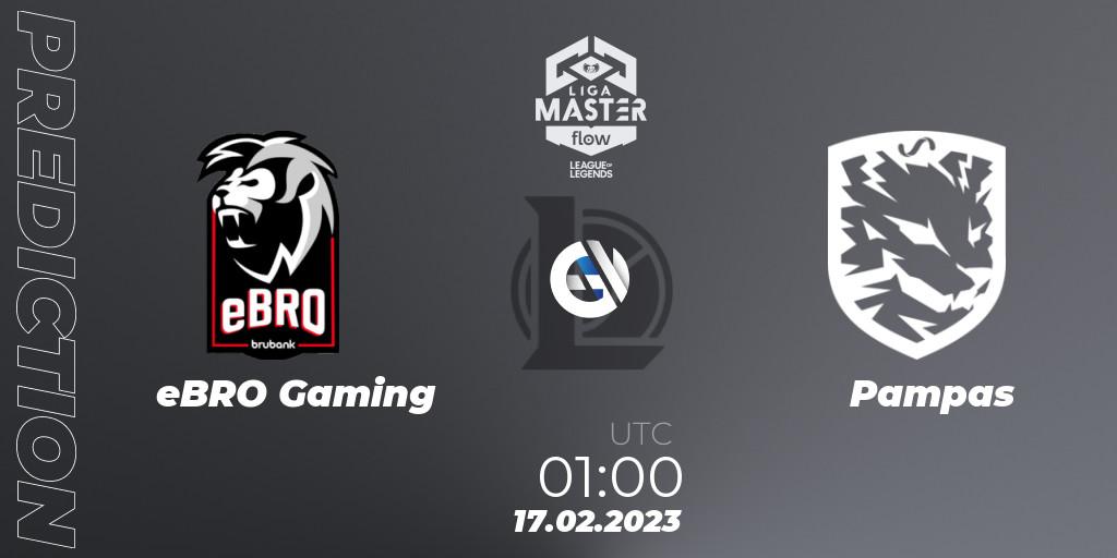eBRO Gaming contre Pampas : prédiction de match. 17.02.2023 at 01:00. LoL, Liga Master Opening 2023 - Group Stage