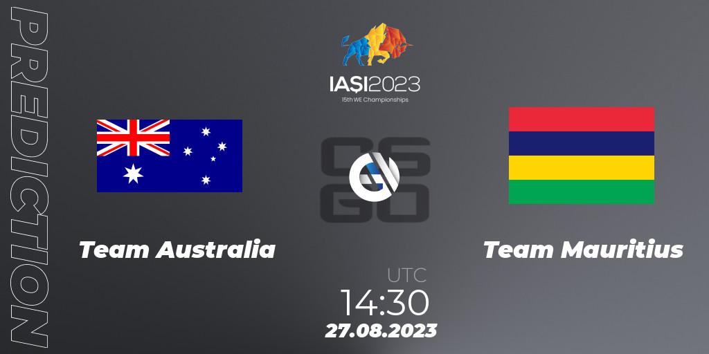 Team Australia contre Team Mauritius : prédiction de match. 27.08.2023 at 20:50. Counter-Strike (CS2), IESF World Esports Championship 2023
