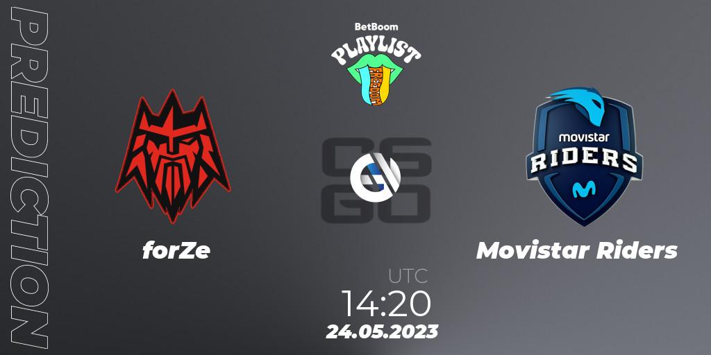forZe contre Movistar Riders : prédiction de match. 24.05.2023 at 14:20. Counter-Strike (CS2), BetBoom Playlist. Freedom