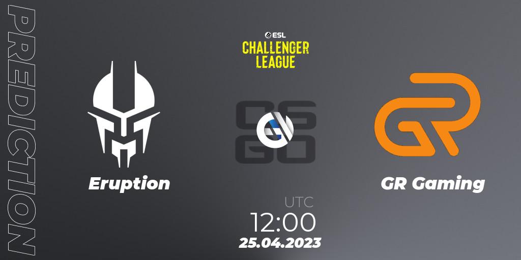 Eruption contre GR Gaming : prédiction de match. 25.04.2023 at 12:00. Counter-Strike (CS2), ESL Challenger League Season 45: Asia-Pacific