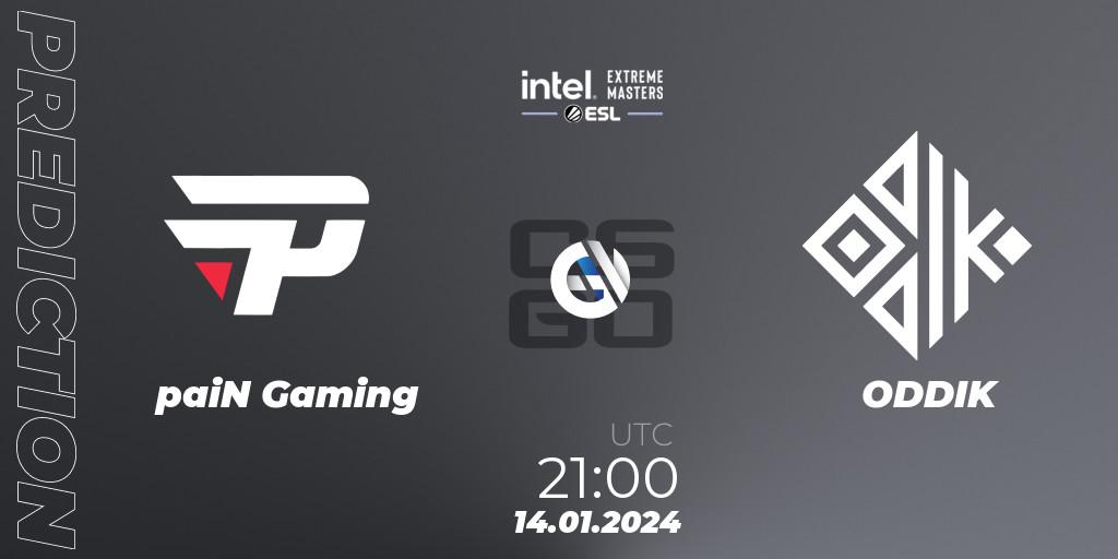 paiN Gaming contre ODDIK : prédiction de match. 14.01.2024 at 21:10. Counter-Strike (CS2), Intel Extreme Masters China 2024: South American Open Qualifier #1