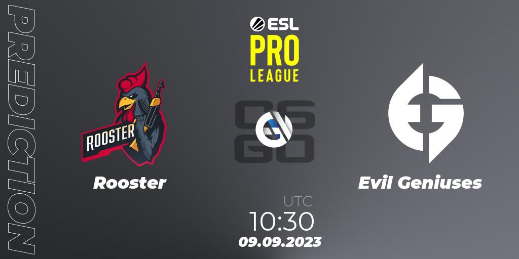 Rooster contre Evil Geniuses : prédiction de match. 09.09.2023 at 10:30. Counter-Strike (CS2), ESL Pro League Season 18