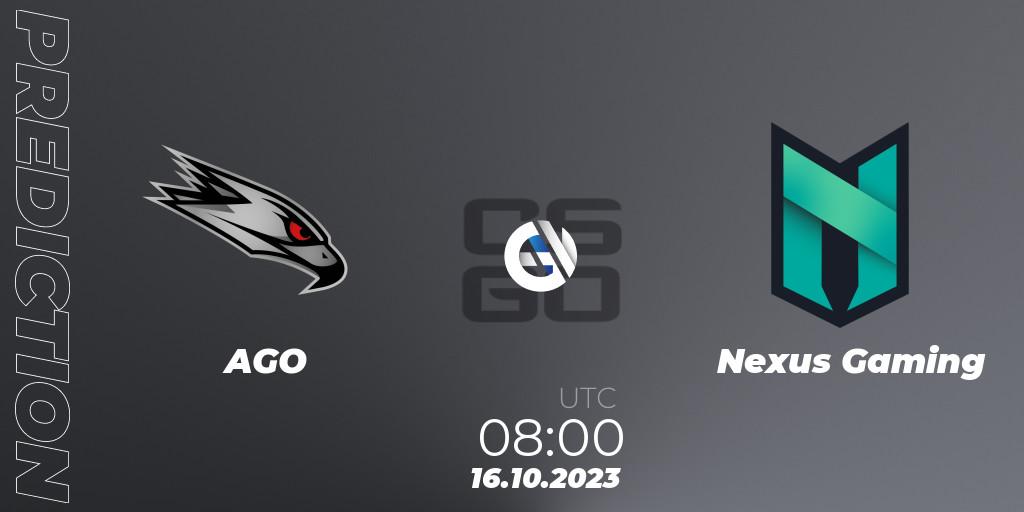 AGO contre Nexus Gaming : prédiction de match. 16.10.2023 at 09:00. Counter-Strike (CS2), European Pro League Season 11: Division 2