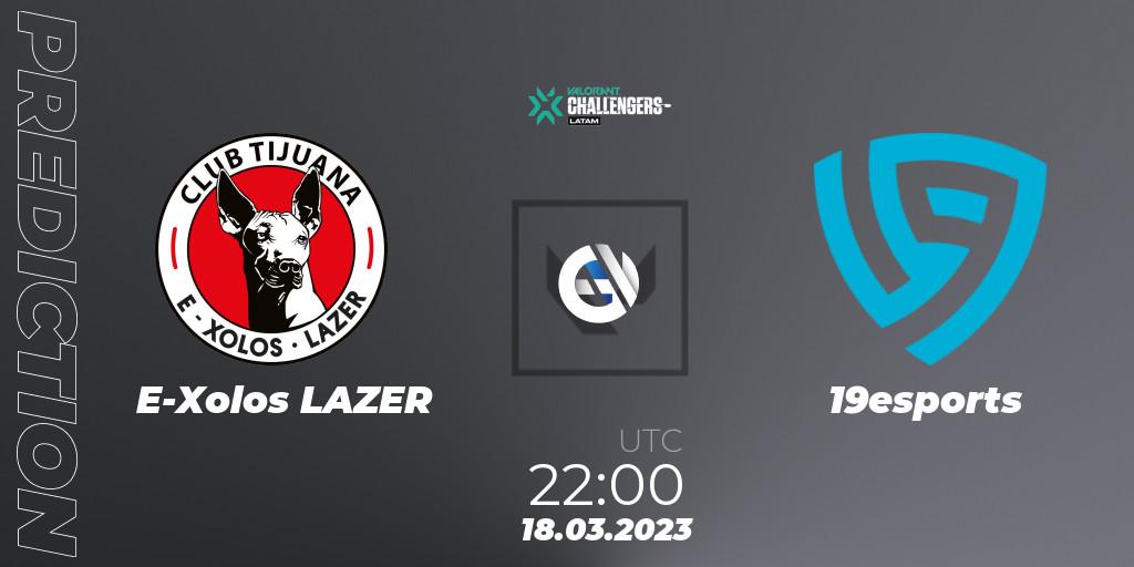 E-Xolos LAZER contre 19esports : prédiction de match. 18.03.23. VALORANT, VALORANT Challengers 2023: LAN Split 1