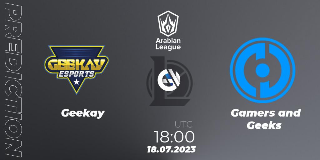 Geekay contre Gamers and Geeks : prédiction de match. 18.07.2023 at 20:00. LoL, Arabian League Summer 2023 - Group Stage
