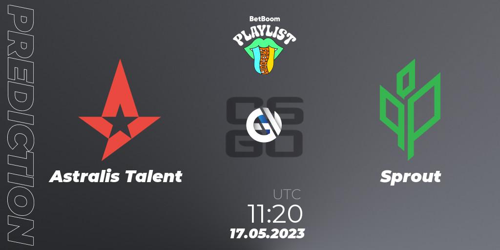 Astralis Talent contre Sprout : prédiction de match. 17.05.2023 at 12:30. Counter-Strike (CS2), BetBoom Playlist. Freedom