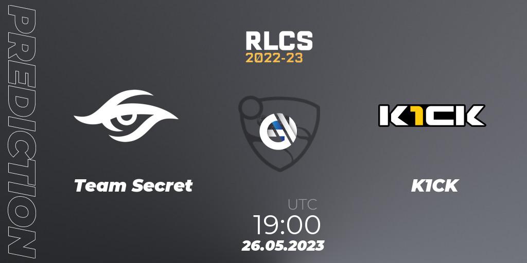 Team Secret contre K1CK : prédiction de match. 26.05.2023 at 19:00. Rocket League, RLCS 2022-23 - Spring: South America Regional 2 - Spring Cup