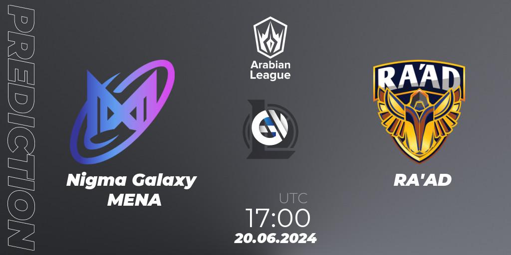 Nigma Galaxy MENA contre RA'AD : prédiction de match. 20.06.2024 at 17:00. LoL, Arabian League Summer 2024