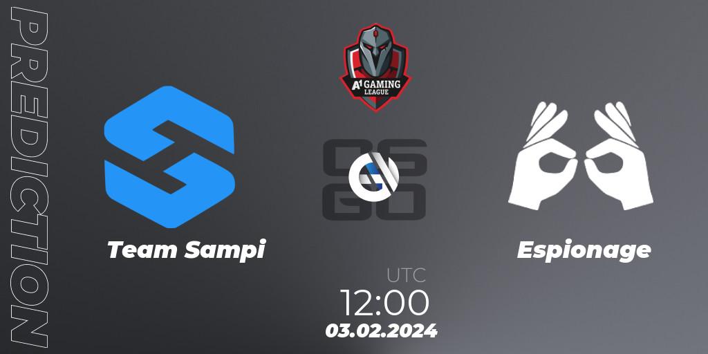Team Sampi contre Espionage : prédiction de match. 03.02.2024 at 12:00. Counter-Strike (CS2), A1 Gaming League Season 8