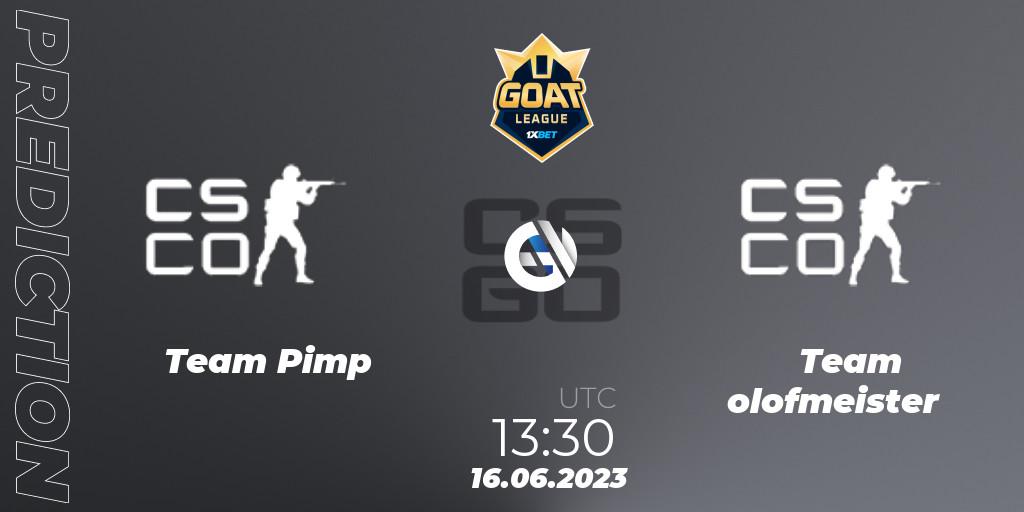 Team Pimp contre Team olofmeister : prédiction de match. 16.06.2023 at 13:30. Counter-Strike (CS2), 1xBet GOAT League 2023 Summer VACation