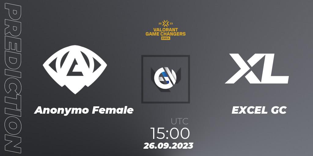 Anonymo Female contre EXCEL GC : prédiction de match. 26.09.2023 at 15:00. VALORANT, VCT 2023: Game Changers EMEA Stage 3 - Group Stage