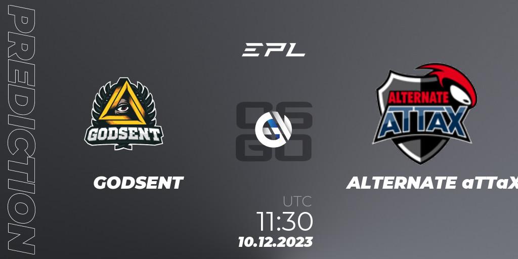 GODSENT contre ALTERNATE aTTaX : prédiction de match. 10.12.2023 at 12:20. Counter-Strike (CS2), European Pro League Season 12