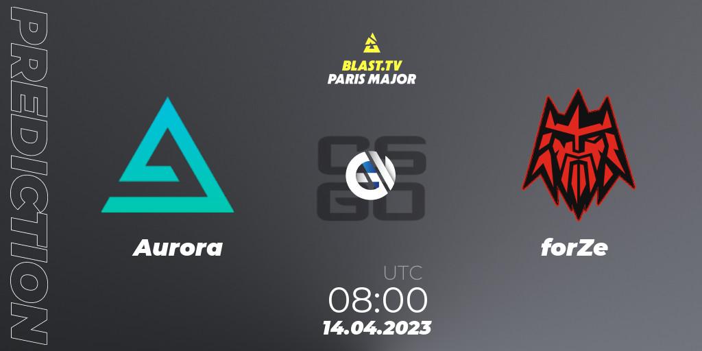 Aurora contre forZe : prédiction de match. 14.04.2023 at 08:00. Counter-Strike (CS2), BLAST.tv Paris Major 2023 Europe RMR B