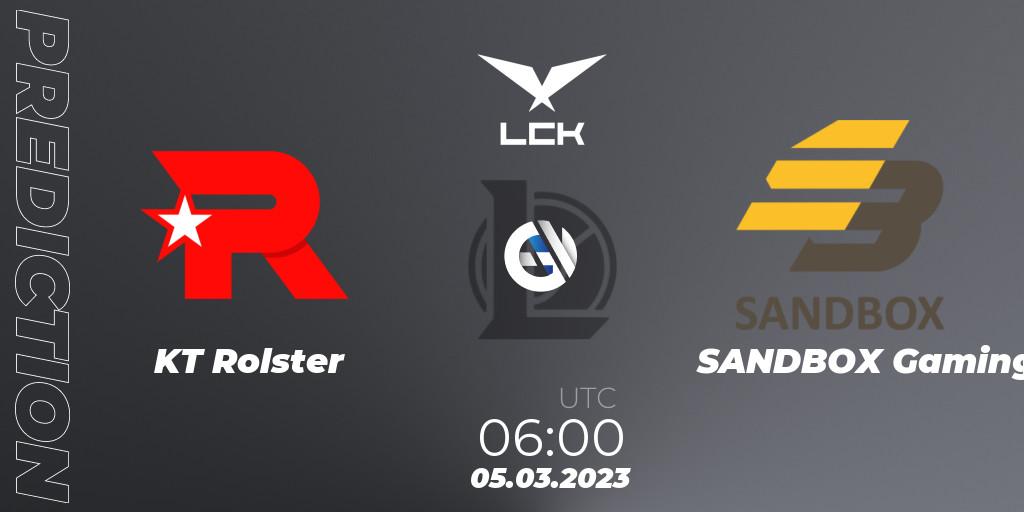 KT Rolster contre SANDBOX Gaming : prédiction de match. 05.03.2023 at 06:00. LoL, LCK Spring 2023 - Group Stage