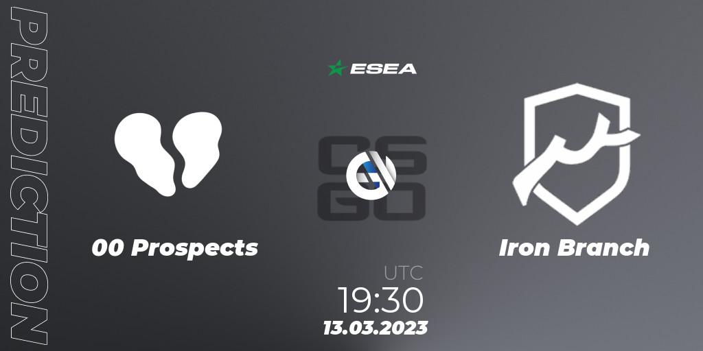 00 Prospects contre Iron Branch : prédiction de match. 13.03.2023 at 18:00. Counter-Strike (CS2), ESEA Season 44: Advanced Division - Europe