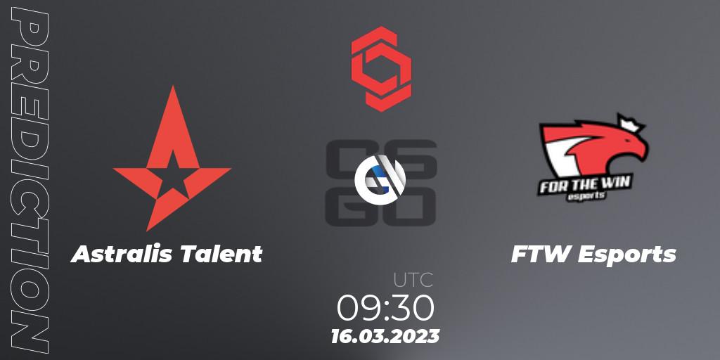 Astralis Talent contre FTW Esports : prédiction de match. 16.03.2023 at 09:30. Counter-Strike (CS2), CCT Central Europe Series 5 Closed Qualifier