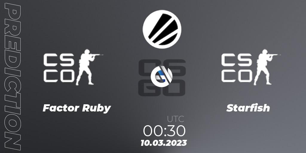 Factor Ruby contre Starfish : prédiction de match. 10.03.2023 at 00:30. Counter-Strike (CS2), ESL Impact League Season 3: North American Division