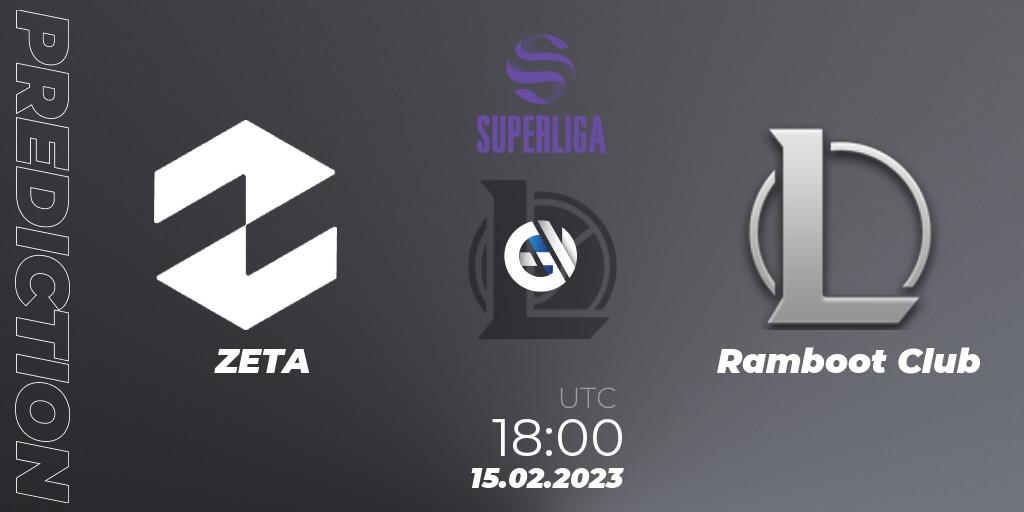 ZETA contre Ramboot Club : prédiction de match. 15.02.2023 at 18:00. LoL, LVP Superliga 2nd Division Spring 2023 - Group Stage