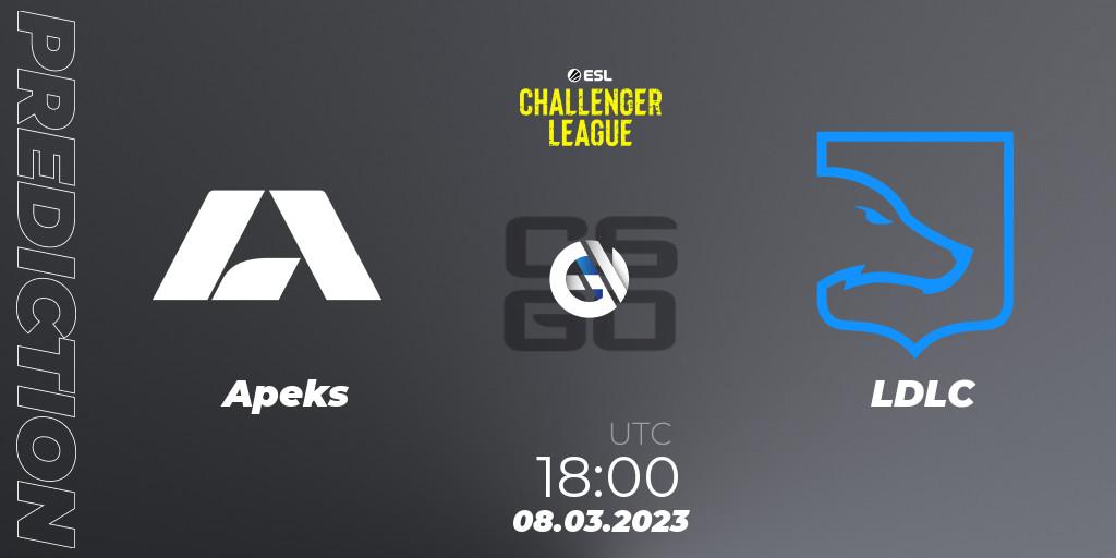 Apeks contre LDLC : prédiction de match. 14.03.2023 at 15:00. Counter-Strike (CS2), ESL Challenger League Season 44: Europe