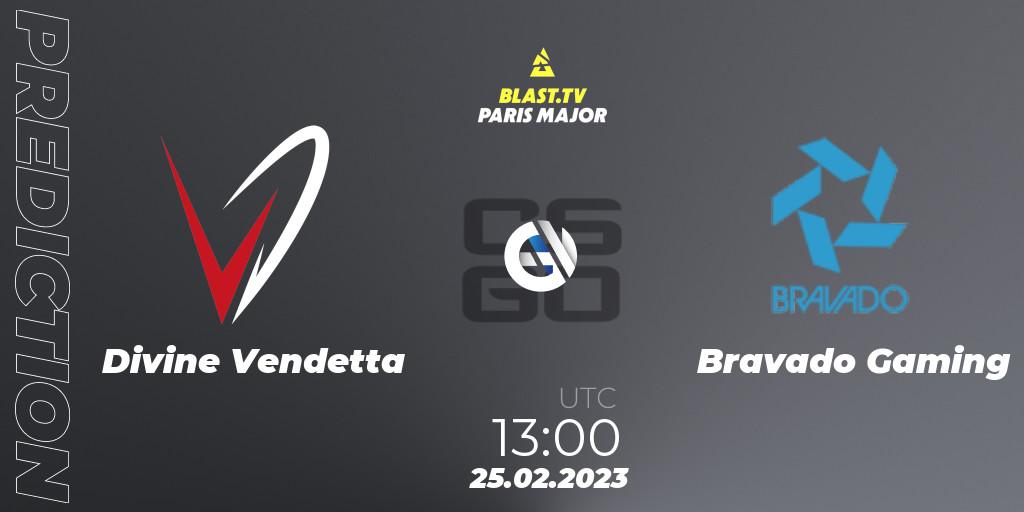 Divine Vendetta contre Bravado Gaming : prédiction de match. 25.02.2023 at 13:00. Counter-Strike (CS2), BLAST.tv Paris Major 2023 Middle East RMR Closed Qualifier