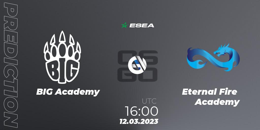 BIG Academy contre Eternal Fire Academy : prédiction de match. 12.03.2023 at 16:00. Counter-Strike (CS2), ESEA Season 44: Advanced Division - Europe