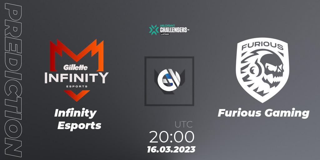 Infinity Esports contre Furious Gaming : prédiction de match. 16.03.2023 at 20:00. VALORANT, VALORANT Challengers 2023: LAS Split 1