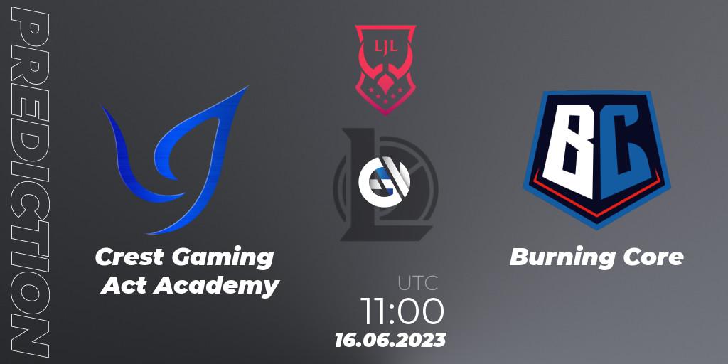 Crest Gaming Act Academy contre Burning Core : prédiction de match. 16.06.2023 at 11:00. LoL, LJL Summer 2023