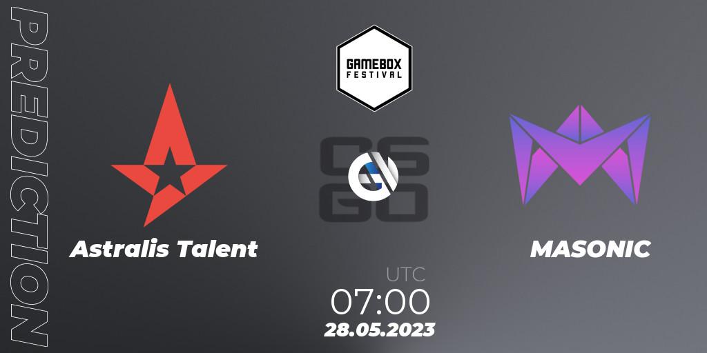 Astralis Talent contre MASONIC : prédiction de match. 28.05.2023 at 07:00. Counter-Strike (CS2), Gamebox Invitational 2023