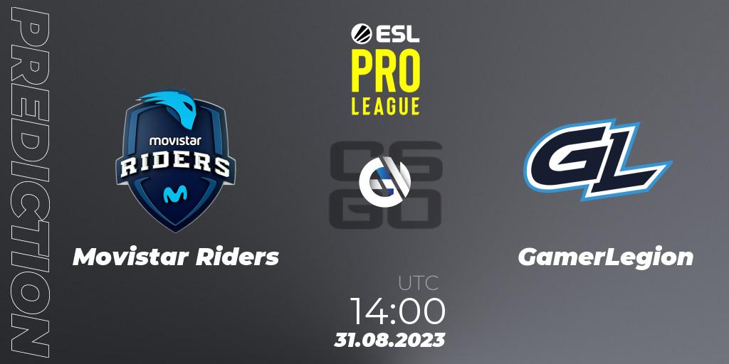 Movistar Riders contre GamerLegion : prédiction de match. 31.08.2023 at 14:00. Counter-Strike (CS2), ESL Pro League Season 18