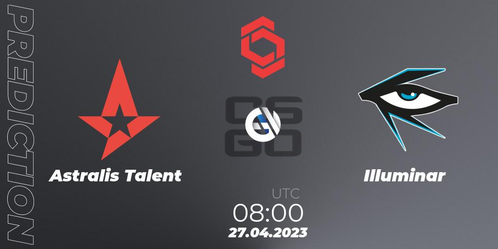 Astralis Talent contre Illuminar : prédiction de match. 27.04.2023 at 08:00. Counter-Strike (CS2), CCT Central Europe Series #6