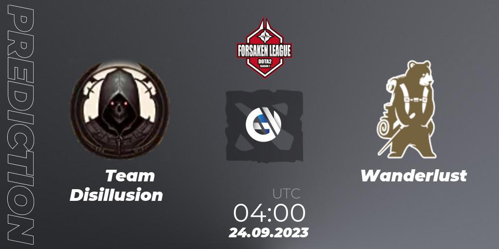 Team Disillusion contre Wanderlust : prédiction de match. 24.09.2023 at 04:00. Dota 2, Forsaken League