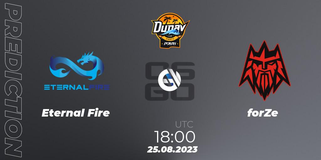 Eternal Fire contre forZe : prédiction de match. 25.08.2023 at 18:10. Counter-Strike (CS2), PARI Dunav Party 2023