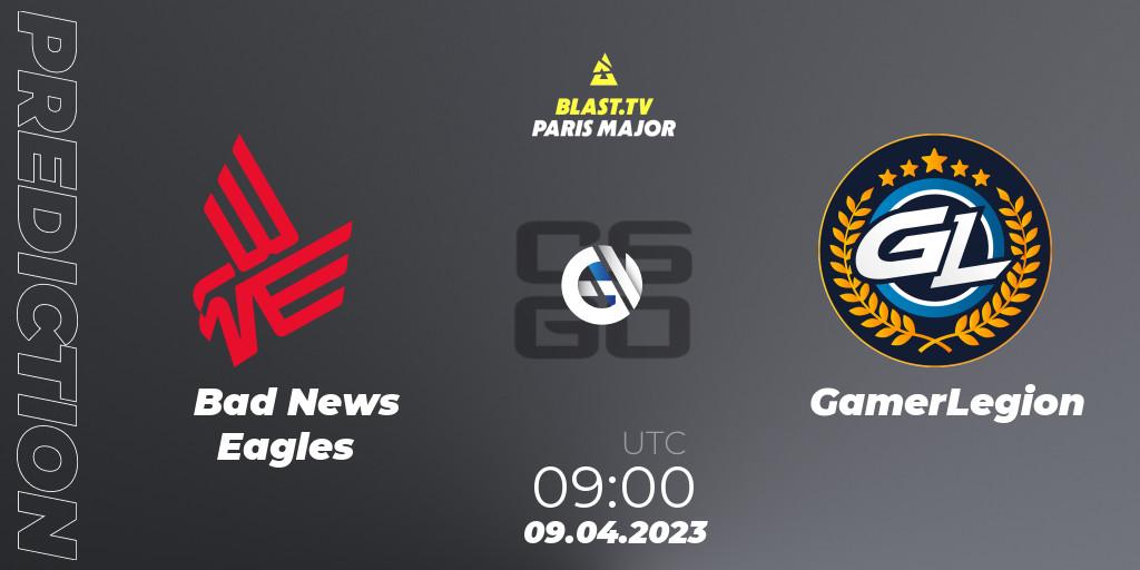 Bad News Eagles contre GamerLegion : prédiction de match. 09.04.2023 at 09:00. Counter-Strike (CS2), BLAST.tv Paris Major 2023 Europe RMR A