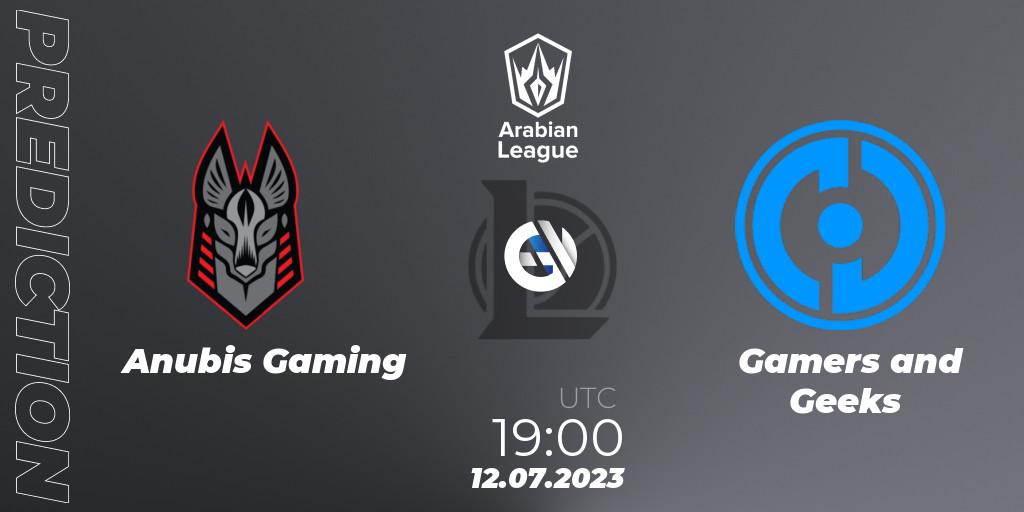 Anubis Gaming contre Gamers and Geeks : prédiction de match. 12.07.2023 at 19:00. LoL, Arabian League Summer 2023 - Group Stage