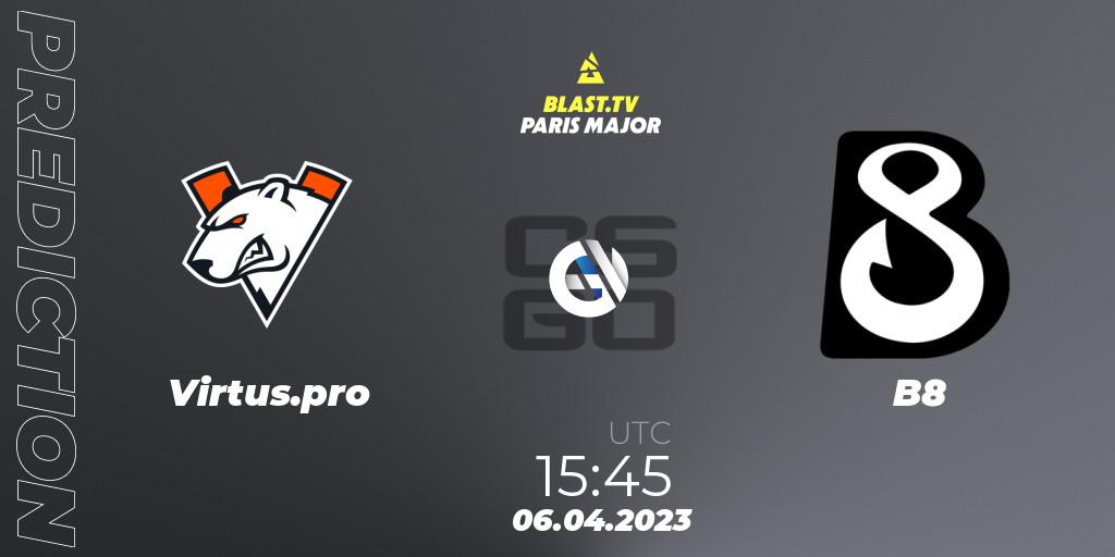 Virtus.pro contre B8 : prédiction de match. 06.04.2023 at 15:15. Counter-Strike (CS2), BLAST.tv Paris Major 2023 Europe RMR A