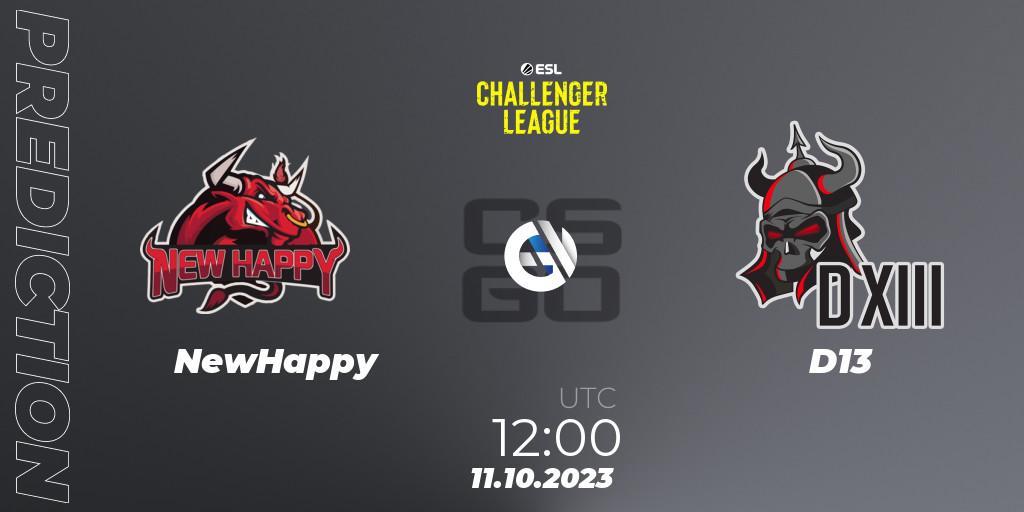 NewHappy contre D13 : prédiction de match. 13.10.2023 at 12:00. Counter-Strike (CS2), ESL Challenger League Season 46: Asia-Pacific