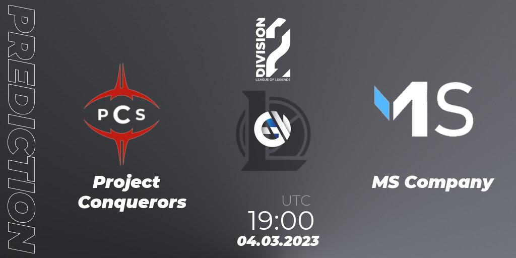 Project Conquerors contre MS Company : prédiction de match. 04.03.2023 at 19:00. LoL, LFL Division 2 Spring 2023 - Group Stage