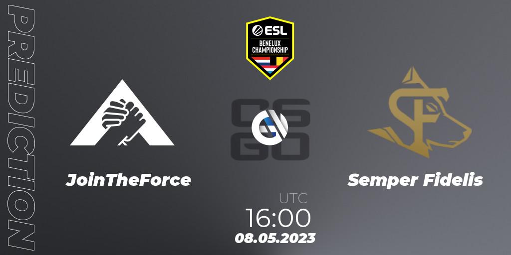 JoinTheForce contre Semper Fidelis : prédiction de match. 08.05.2023 at 16:00. Counter-Strike (CS2), ESL Benelux Championship Spring 2023