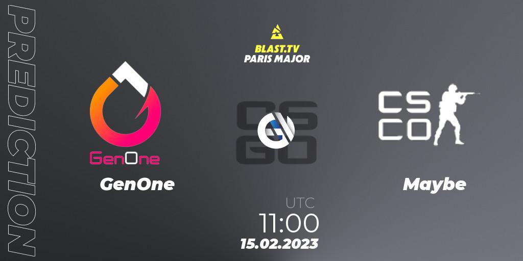 GenOne contre Maybe : prédiction de match. 15.02.2023 at 11:00. Counter-Strike (CS2), BLAST.tv Paris Major 2023 Europe RMR Open Qualifier 2