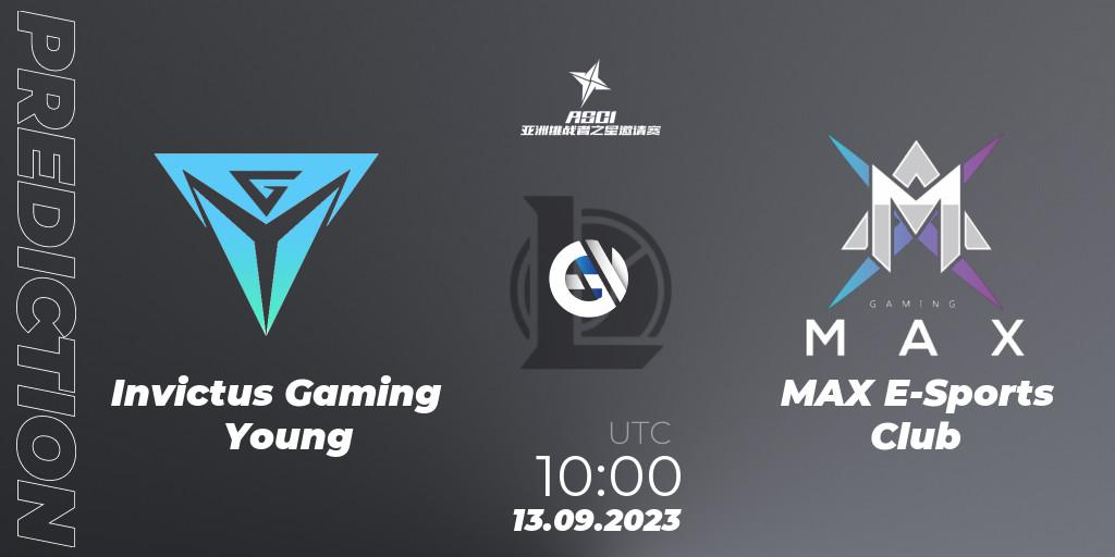 Invictus Gaming Young contre MAX E-Sports Club : prédiction de match. 13.09.2023 at 10:00. LoL, Asia Star Challengers Invitational 2023