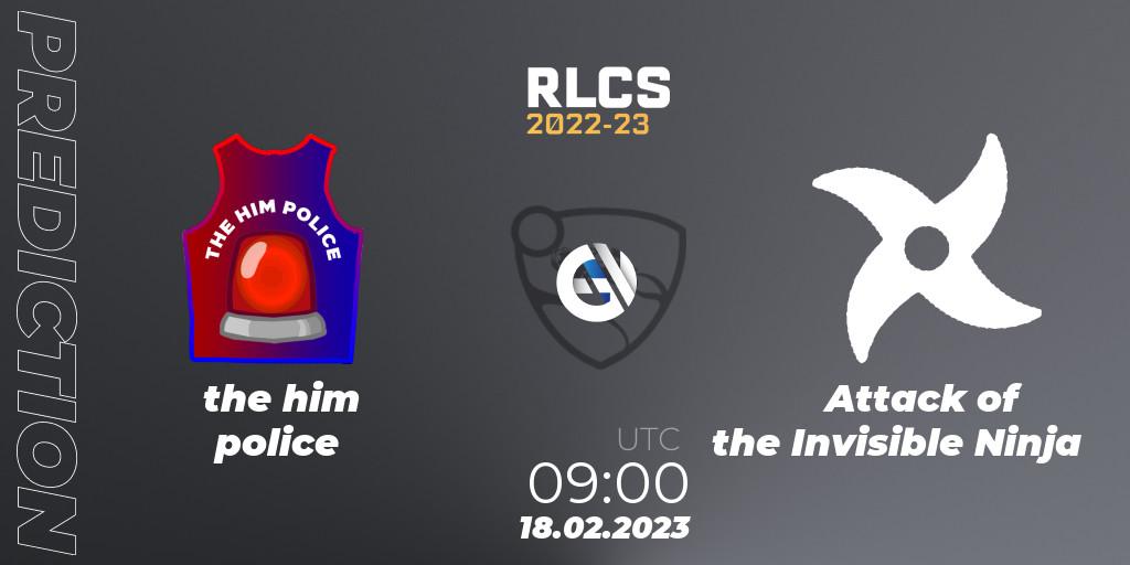 the him police contre Attack of the Invisible Ninja : prédiction de match. 18.02.2023 at 09:00. Rocket League, RLCS 2022-23 - Winter: Oceania Regional 2 - Winter Cup