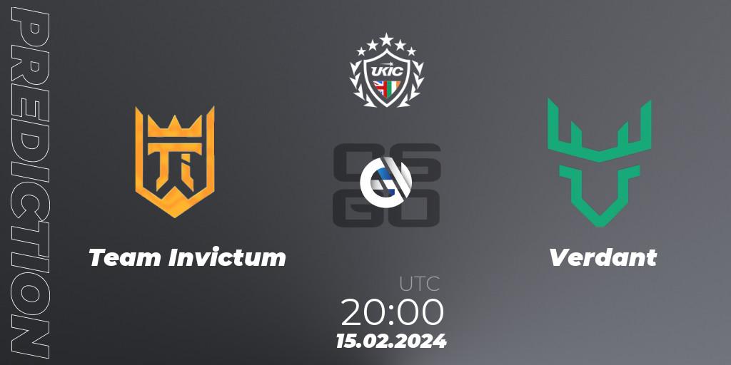 Team Invictum contre Verdant : prédiction de match. 15.02.2024 at 20:00. Counter-Strike (CS2), UKIC League Season 1: Division 1