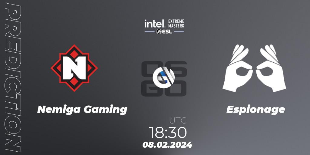 Nemiga Gaming contre Espionage : prédiction de match. 08.02.2024 at 18:30. Counter-Strike (CS2), Intel Extreme Masters China 2024: European Closed Qualifier