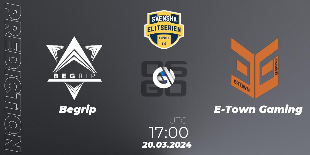 Begrip contre E-Town Gaming : prédiction de match. 20.03.2024 at 17:00. Counter-Strike (CS2), Svenska Elitserien Spring 2024