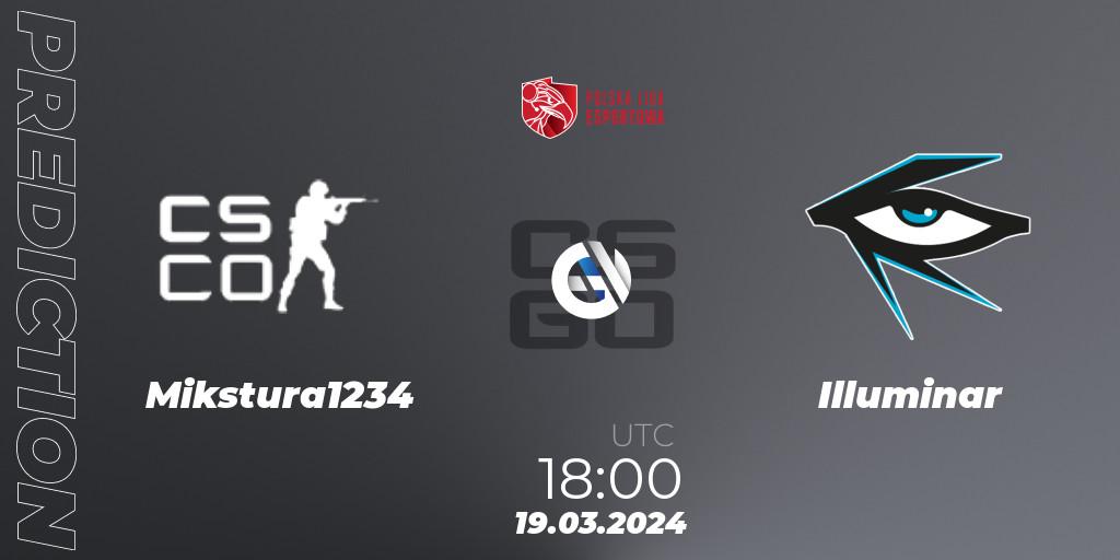 Mikstura1234 contre Illuminar : prédiction de match. 19.03.2024 at 18:00. Counter-Strike (CS2), Polska Liga Esportowa 2024: Split #1