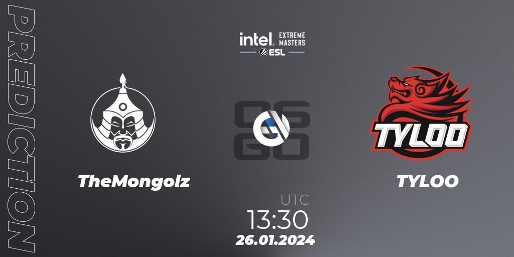 TheMongolz contre TYLOO : prédiction de match. 26.01.2024 at 13:30. Counter-Strike (CS2), Intel Extreme Masters China 2024: Asian Closed Qualifier