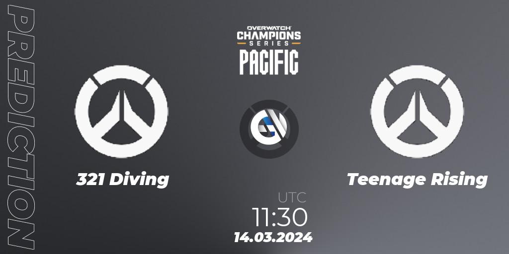 321 Diving contre Teenage Rising : prédiction de match. 14.03.2024 at 11:30. Overwatch, Overwatch Champions Series 2024 - Stage 1 Pacific