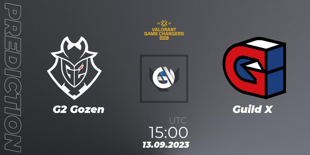 G2 Gozen contre Guild X : prédiction de match. 13.09.2023 at 15:00. VALORANT, VCT 2023: Game Changers EMEA Stage 3 - Group Stage