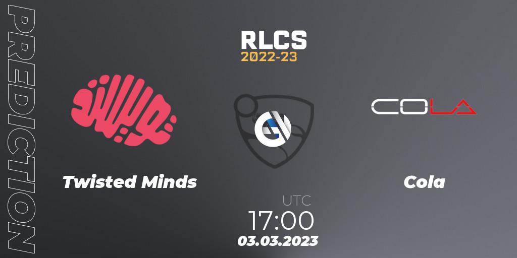 Twisted Minds contre Cola : prédiction de match. 03.03.2023 at 17:00. Rocket League, RLCS 2022-23 - Winter: Middle East and North Africa Regional 3 - Winter Invitational